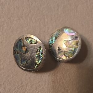 Vintage Abalone Sterling Silver 1 3/8" Earrings Taxco Mexico Screw On Backs